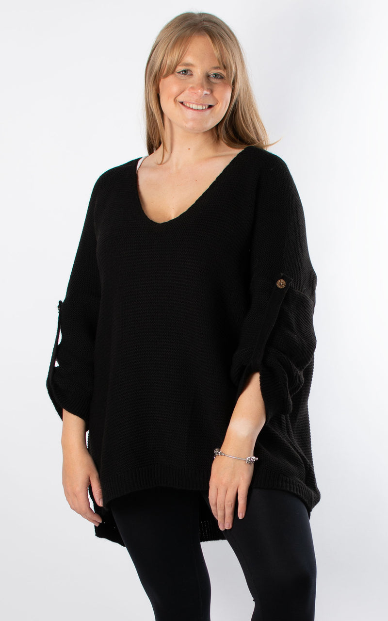 Janet Button Sleeve Knit | Black