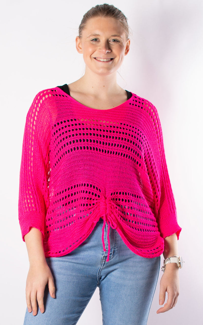 Janie Ruched Net Jumper | Neon Pink