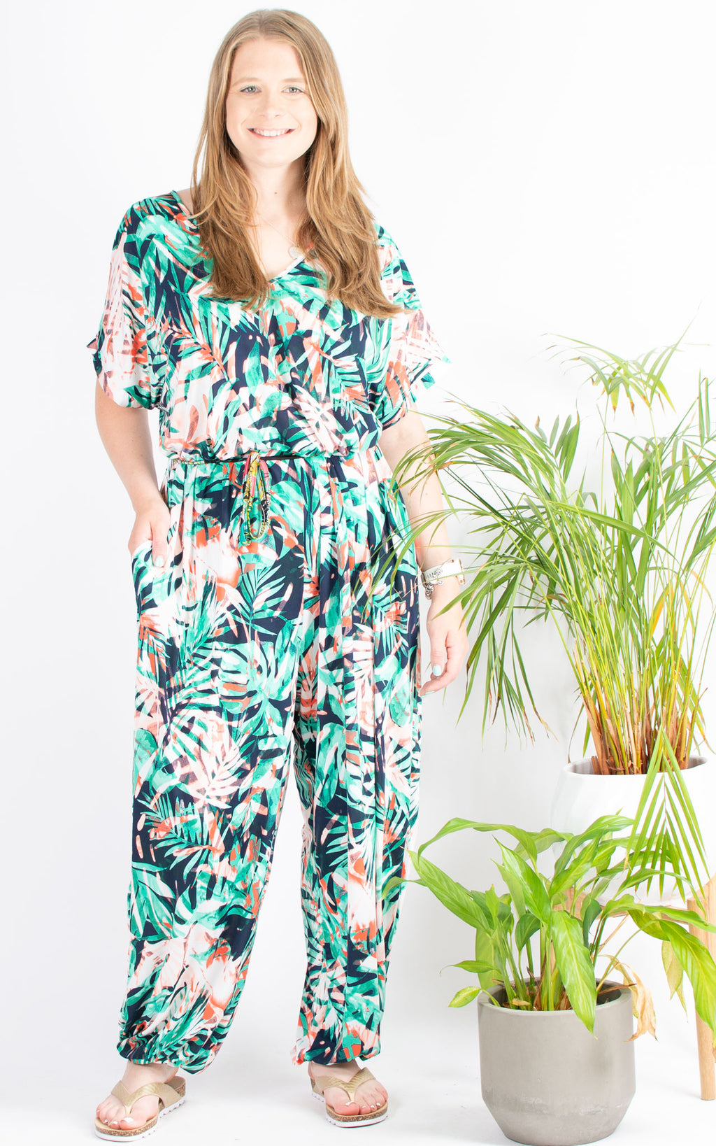 Jayden Jumpsuit | Tropical Leaf |  White
