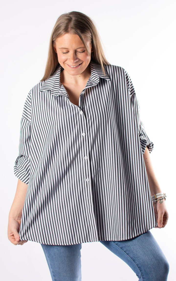 Kailani Long Sleeve Shirt | Charcoal and White Stripe