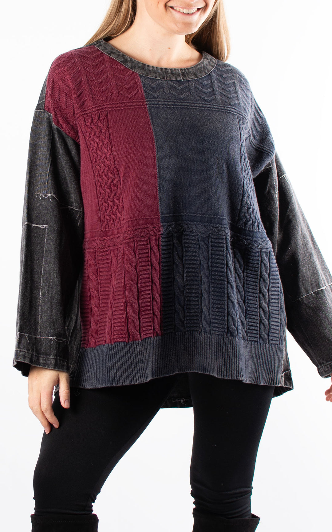 Knitted Front Jumper | Navy & Burgundy