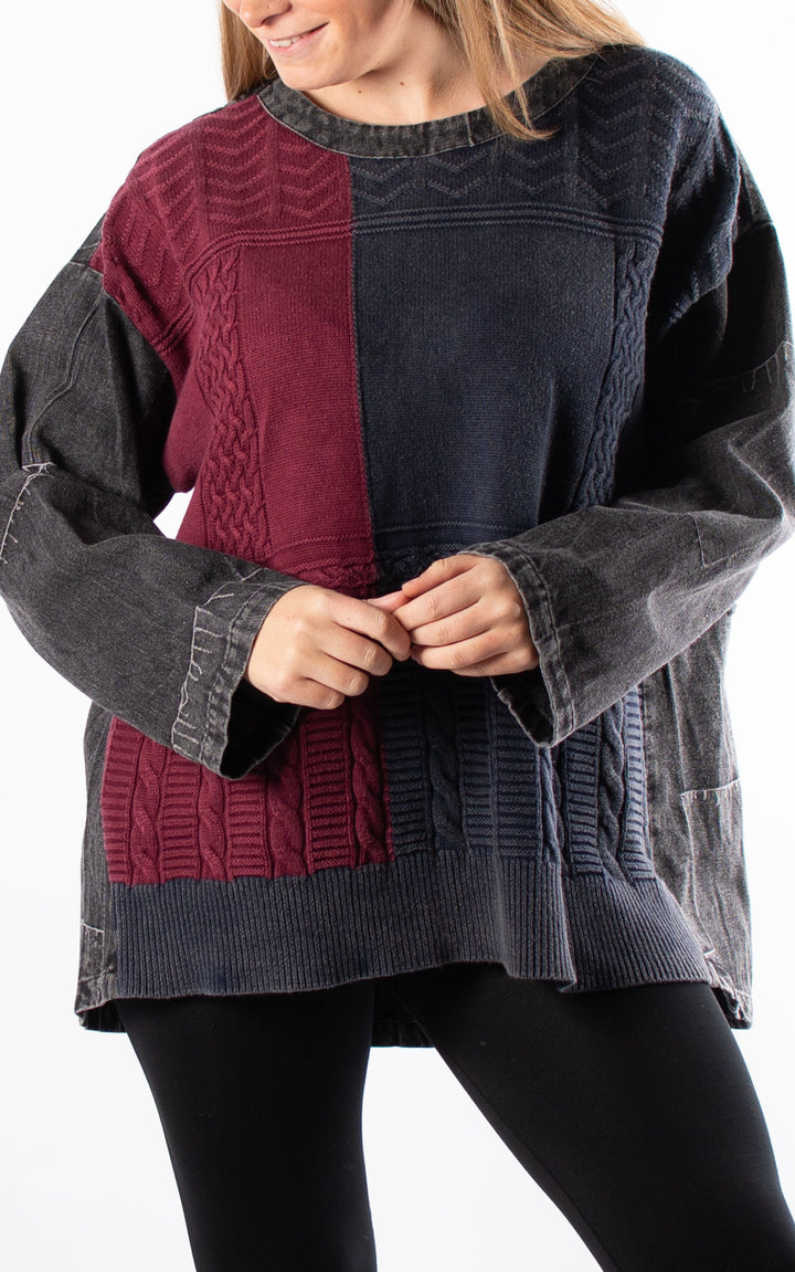 Knitted Front Jumper | Navy & Burgundy