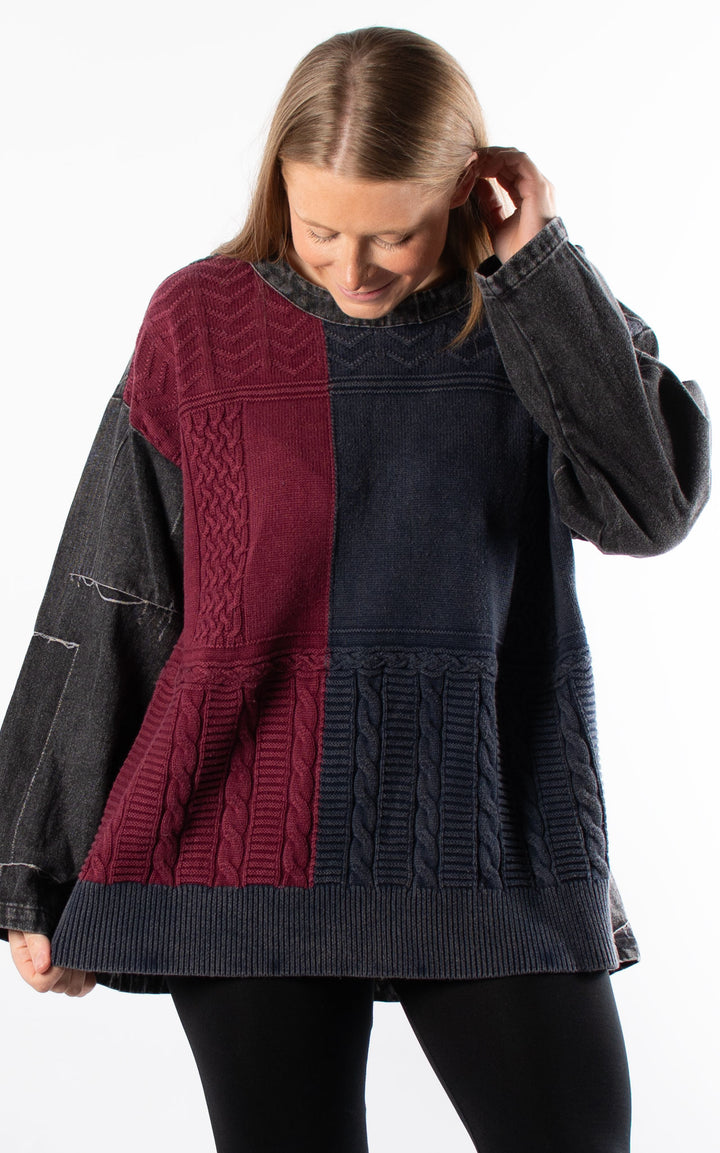 Knitted Front Jumper | Navy & Burgundy