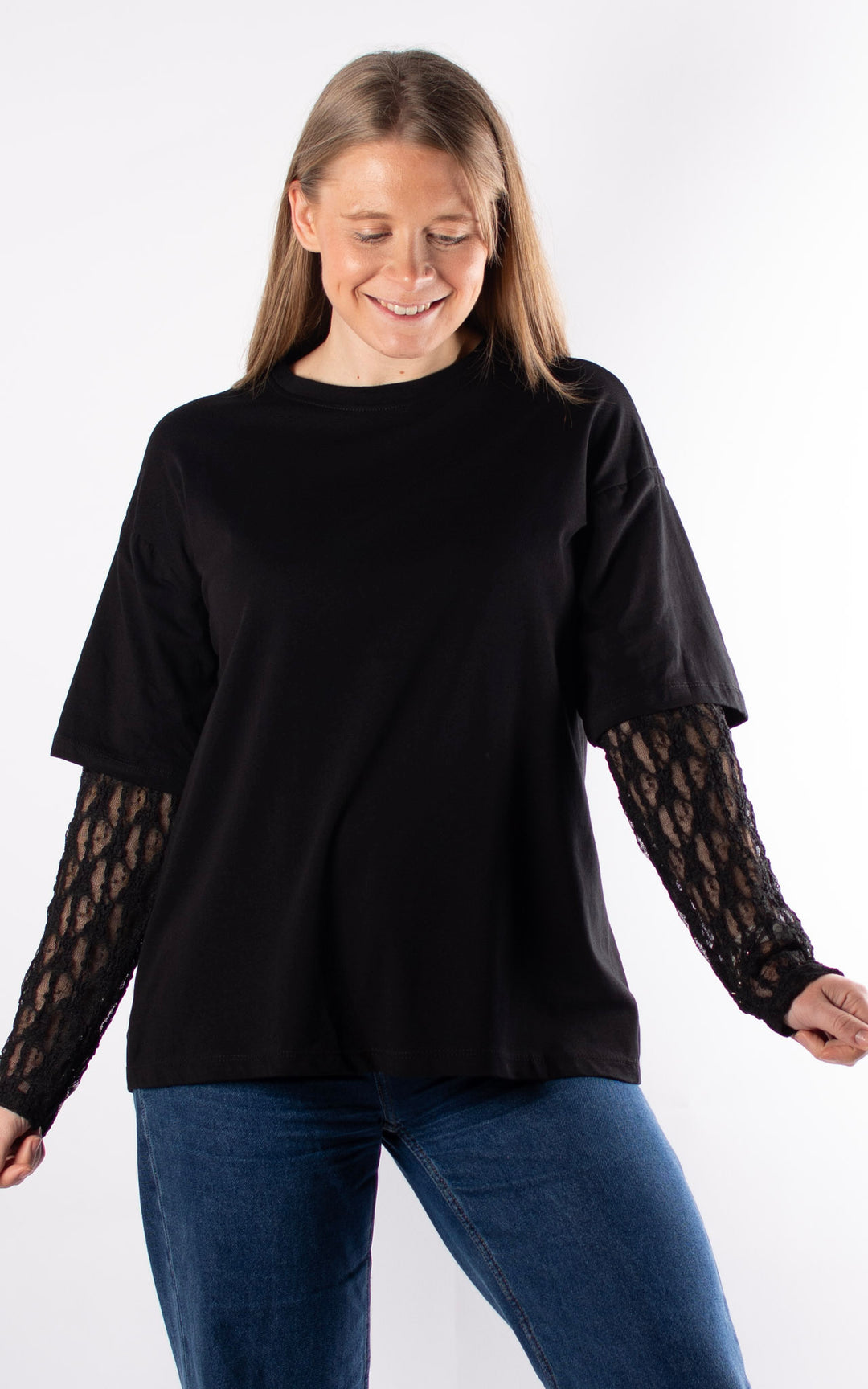 Lace Sleeve Tee Top | Black