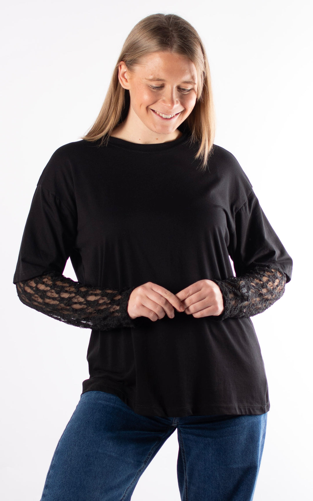 Lace Sleeve Tee Top | Black