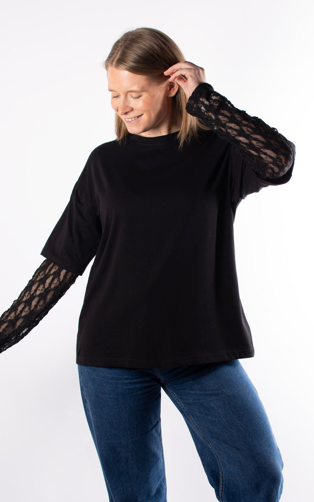 Lace Sleeve Tee Top | Black