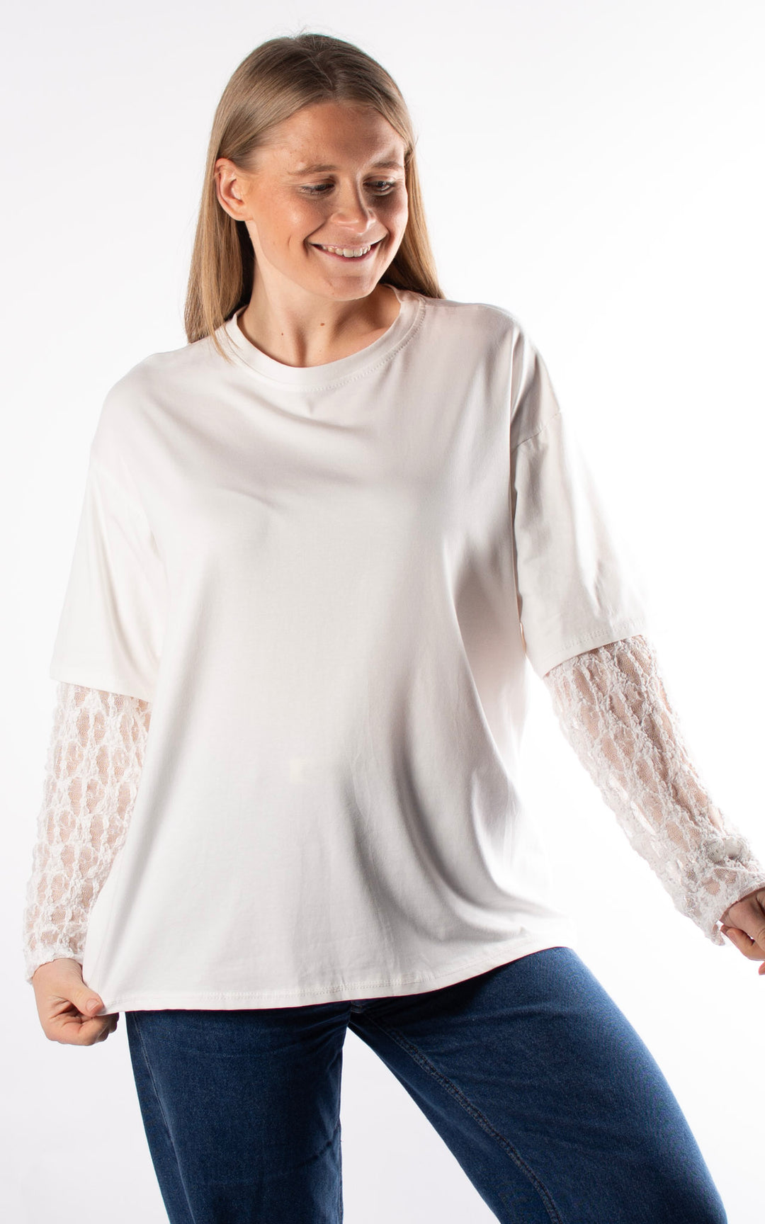 Lace Sleeve Tee Top | White