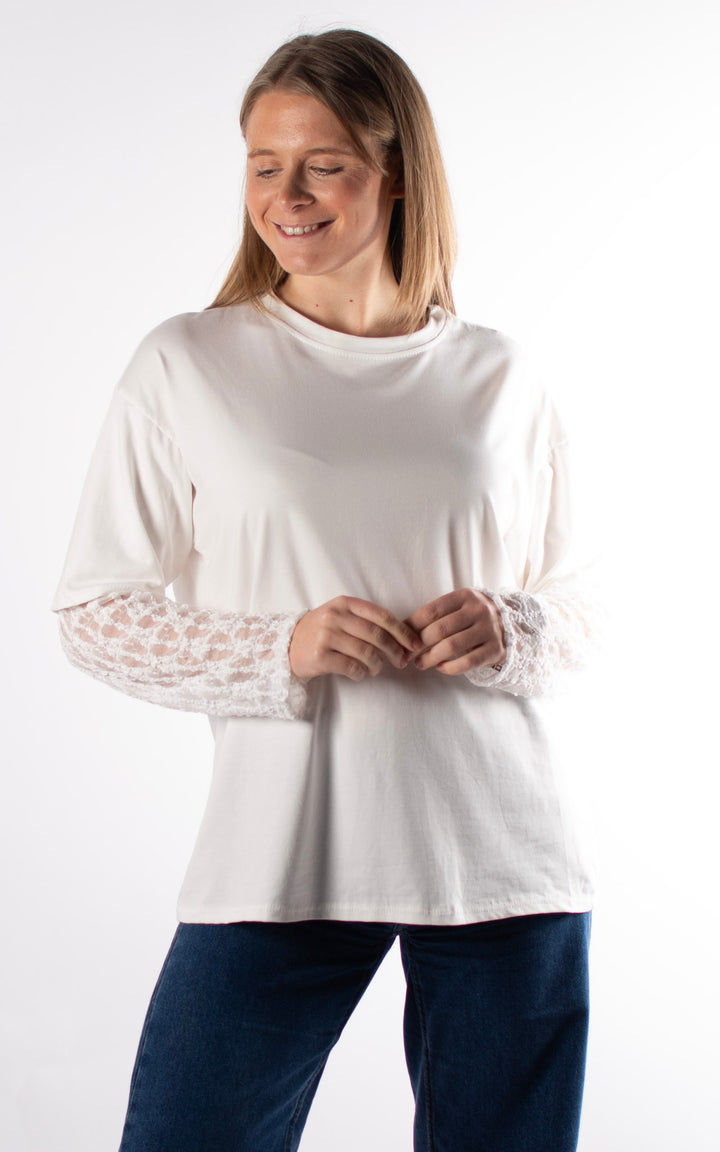 Lace Sleeve Tee Top | White
