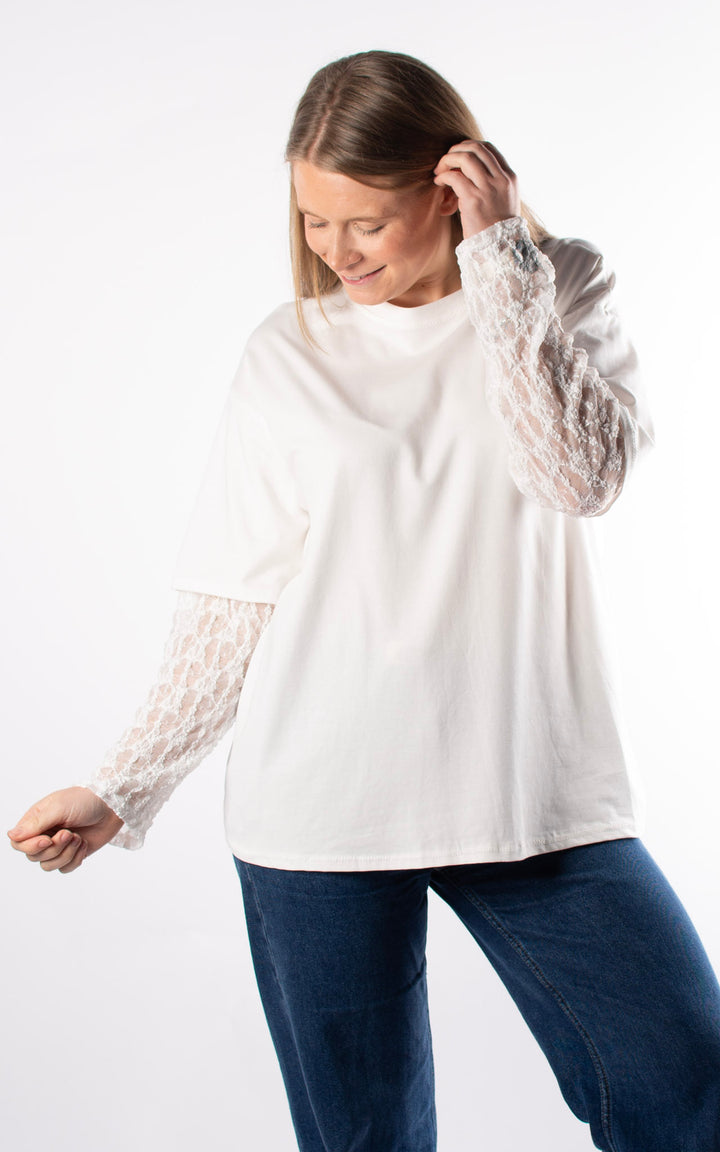 Lace Sleeve Tee Top | White