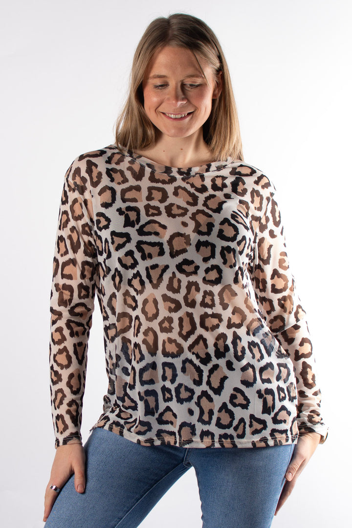 Large Animal Print Mesh Top | Beige