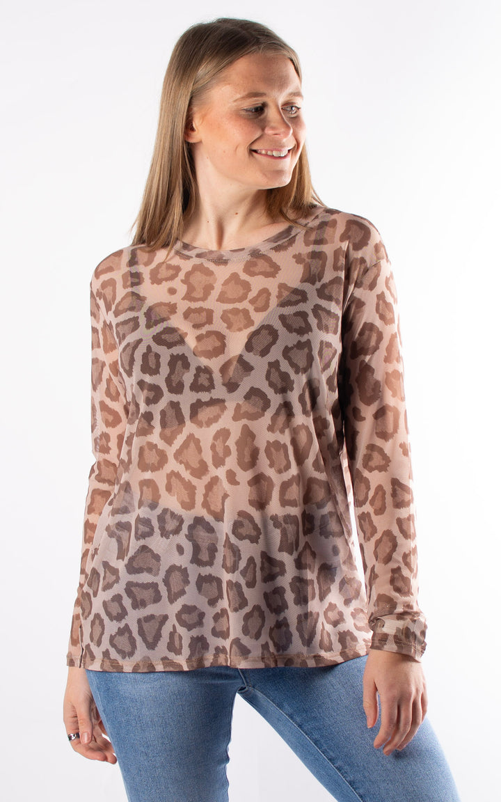 Large Animal Print Mesh Top | Brown