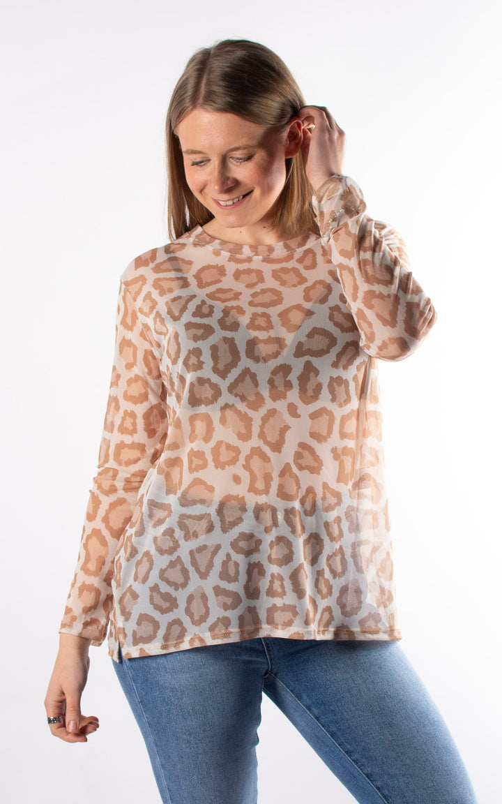 Large Animal Print Mesh Top | Camel