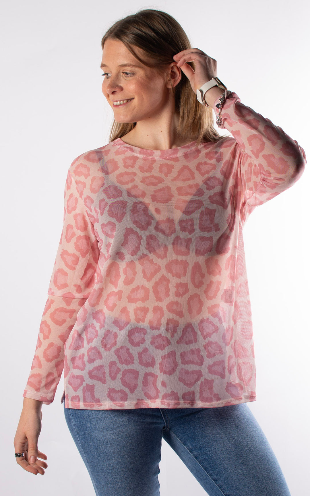 Large Animal Print Mesh Top | Light Pink