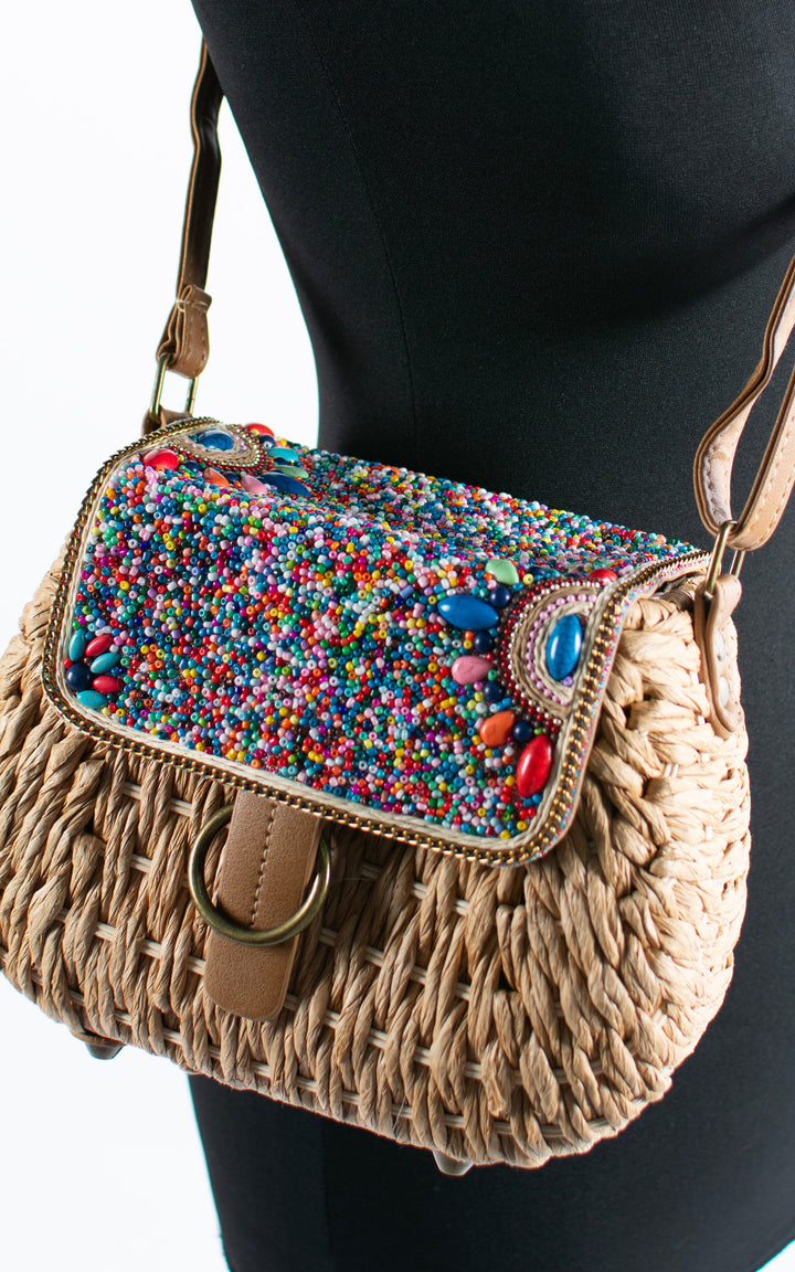 Leah Beaded Woven Bag | Tan