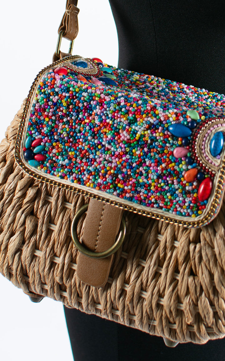 Leah Beaded Woven Bag | Tan