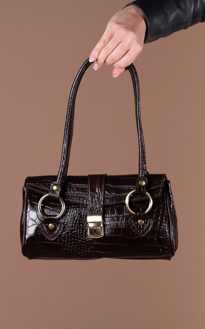 Leather Handbag | Croc Print | Chocolate