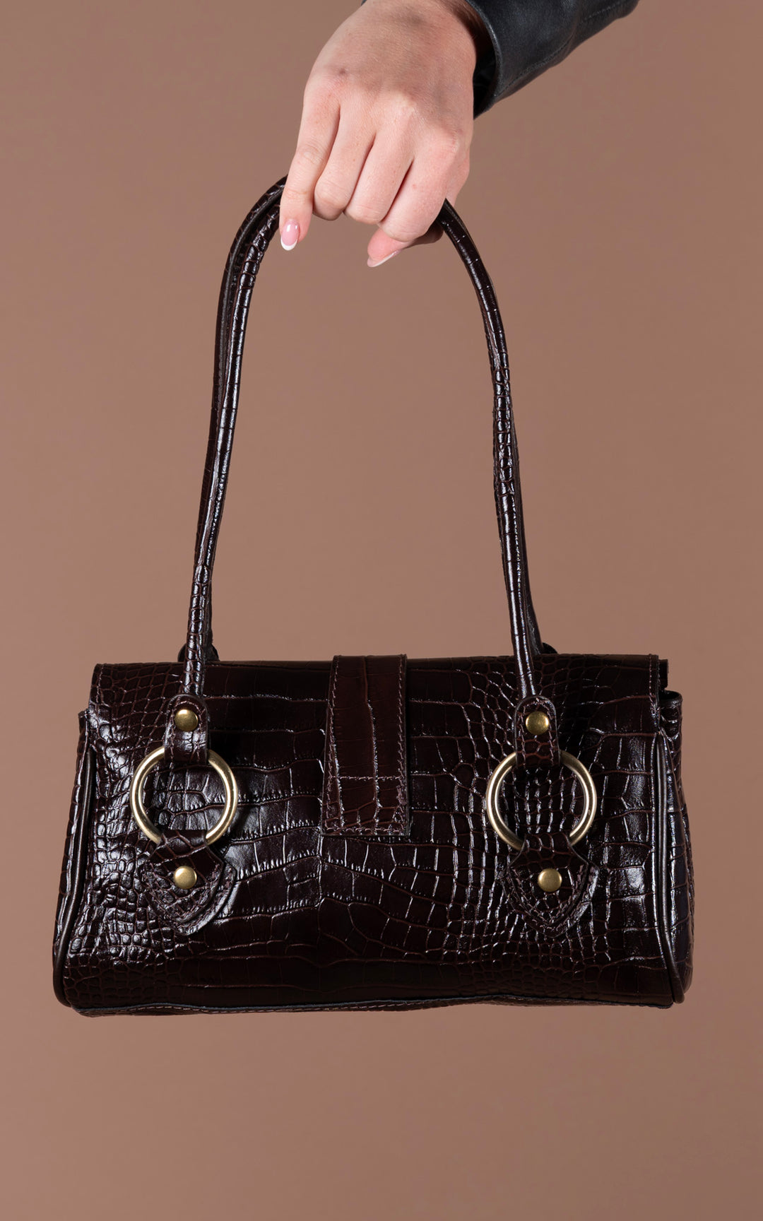 Leather Handbag | Croc Print | Chocolate