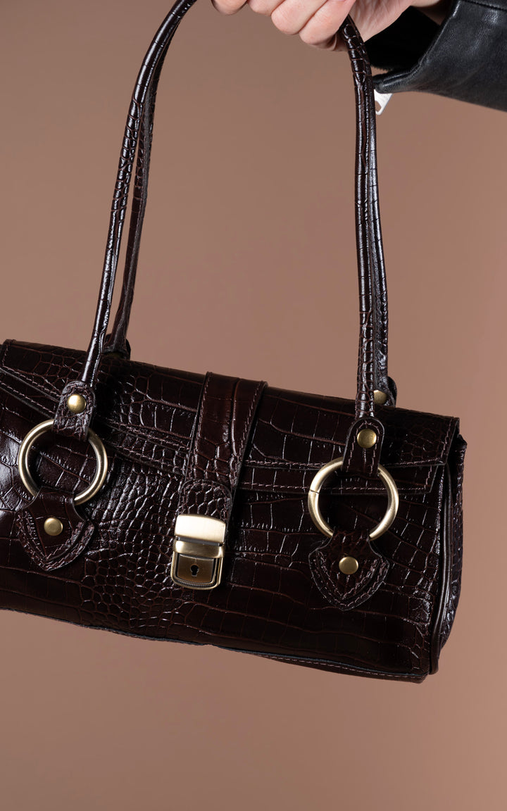Leather Handbag | Croc Print | Chocolate