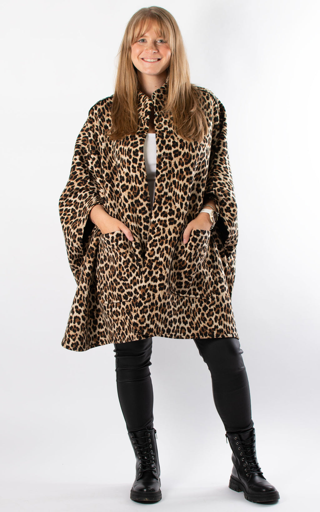 Leopard Print Reversible Poncho | Black