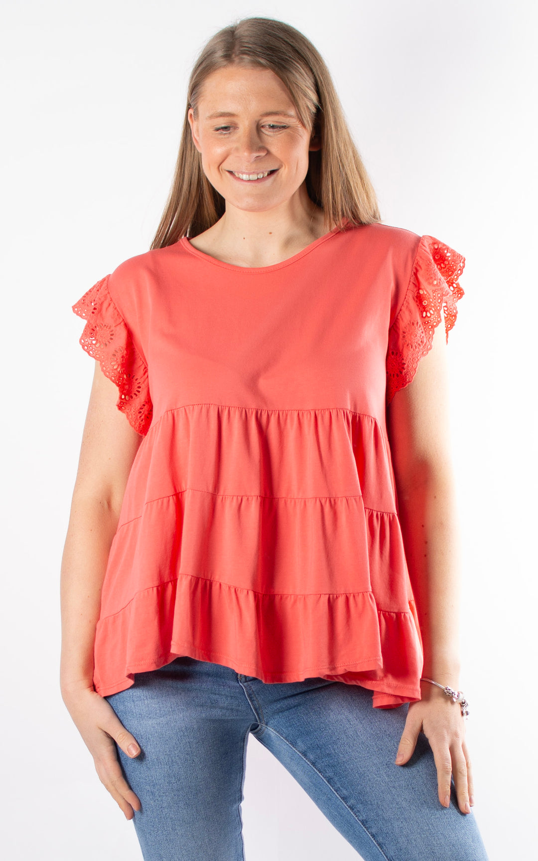 Lilian Frill Sleeve Top | Coral