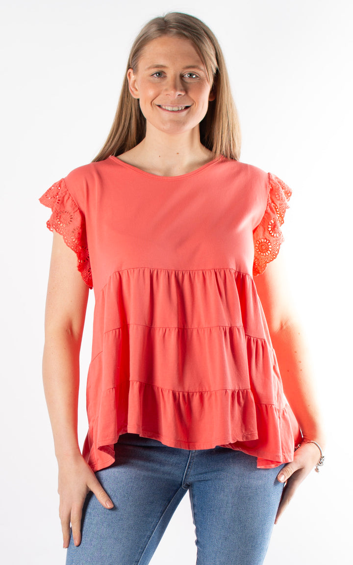 Lilian Frill Sleeve Top | Coral