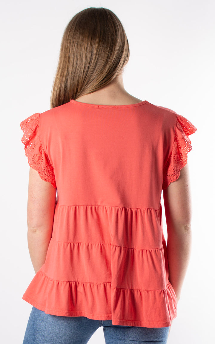Lilian Frill Sleeve Top | Coral