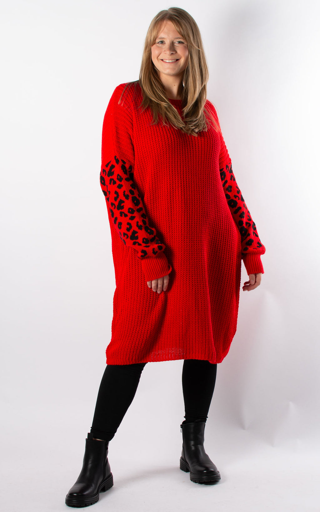 Lily Leopard Sleeve Tunic Jumper | Red