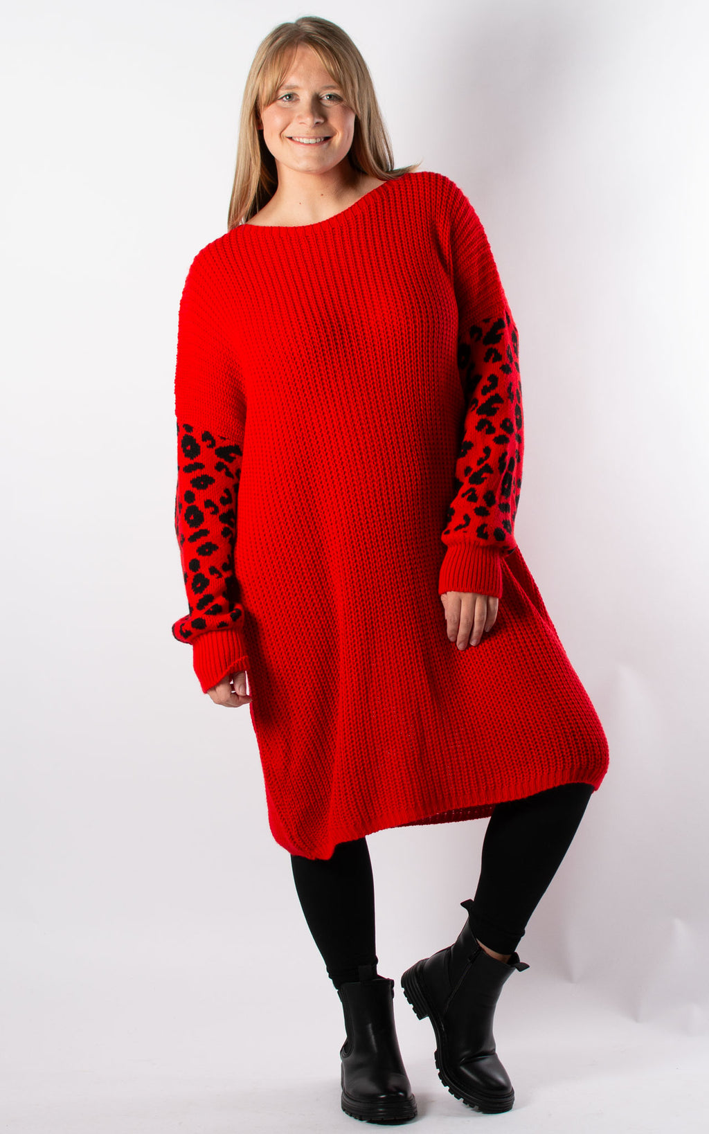 Lily Leopard Sleeve Tunic Jumper | Red