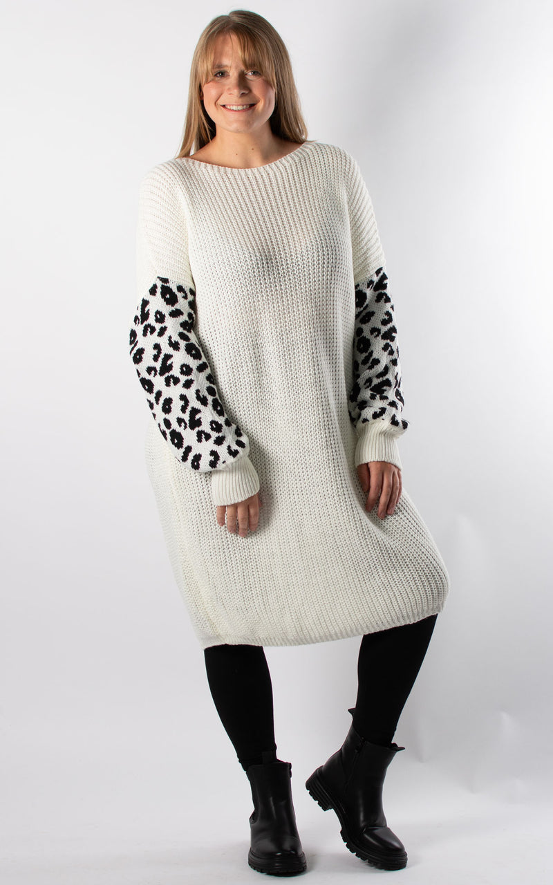 Lily Leopard Sleeve Tunic Jumper | Winter White