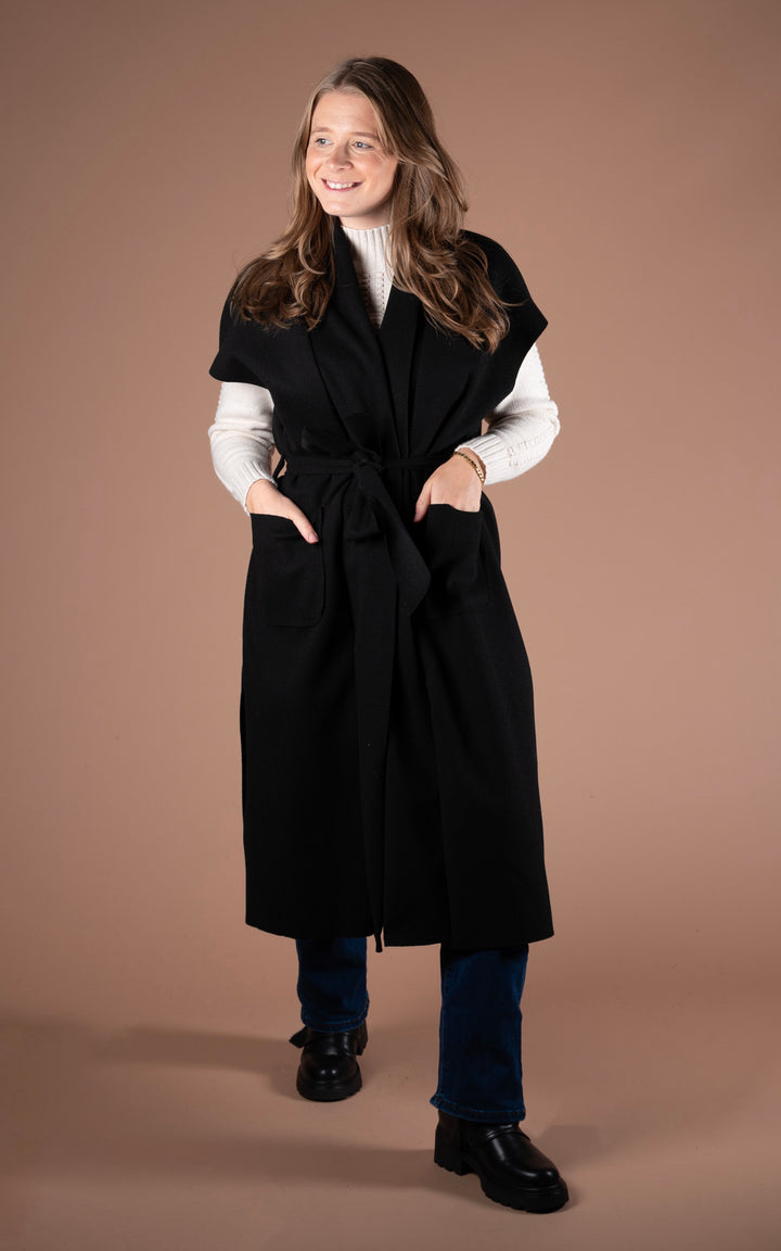 Mia Longline Belted Waistcoat | Black
