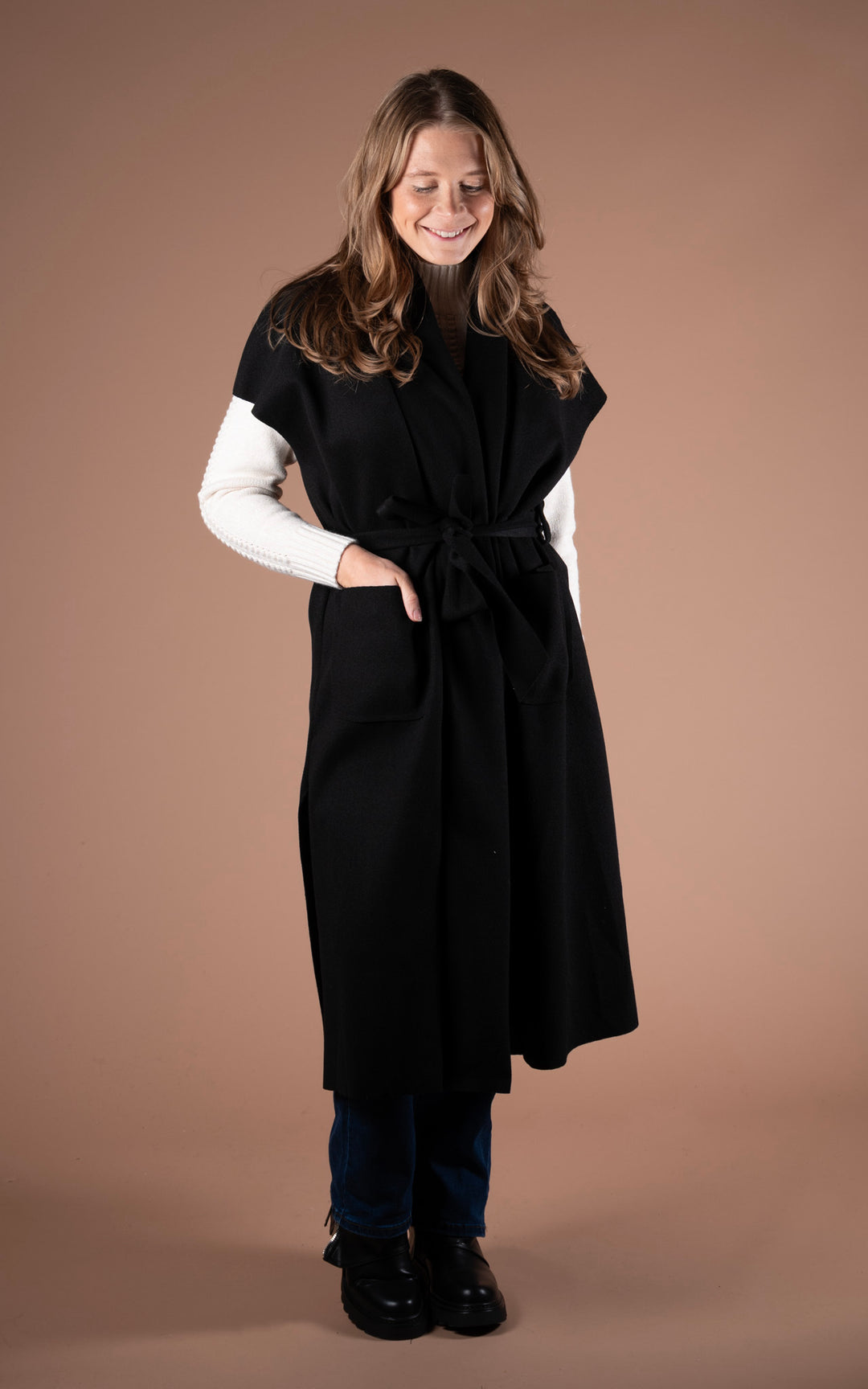 Mia Longline Belted Waistcoat | Black