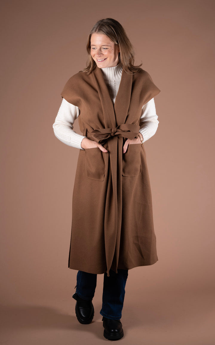 Mia Longline Belted Waistcoat | Camel