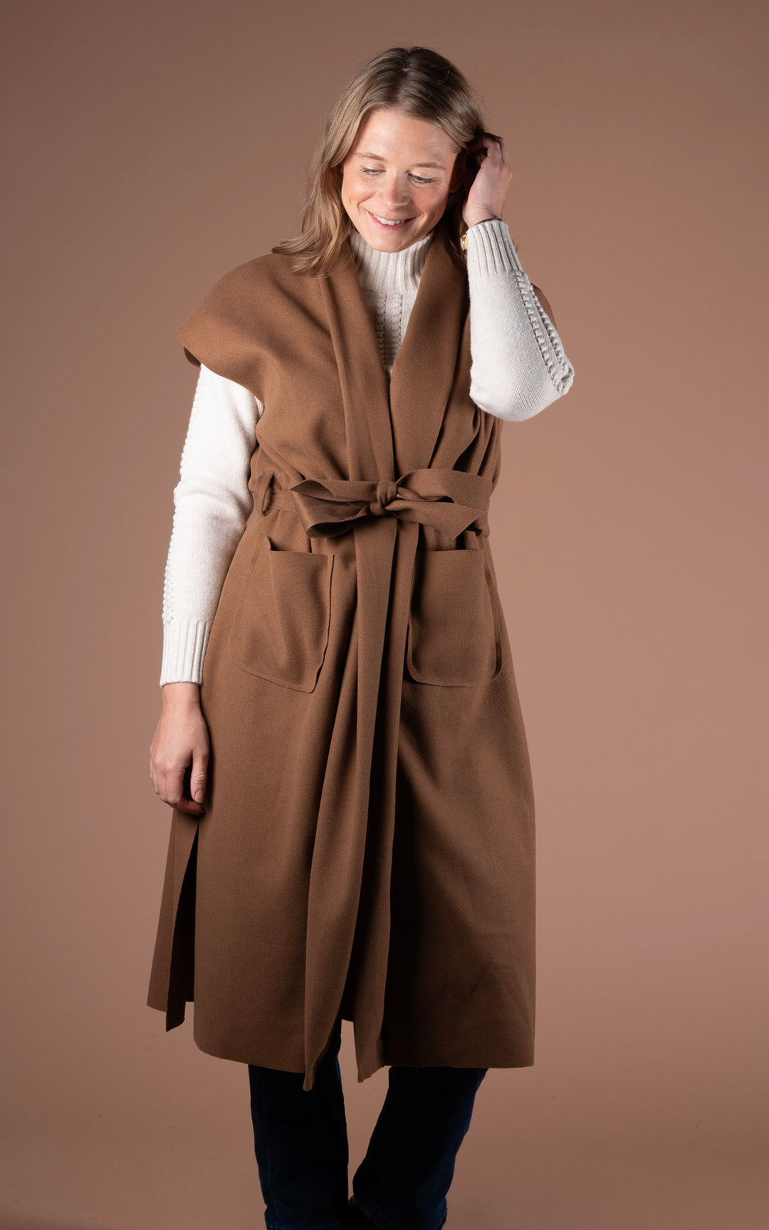 Mia Longline Belted Waistcoat | Camel