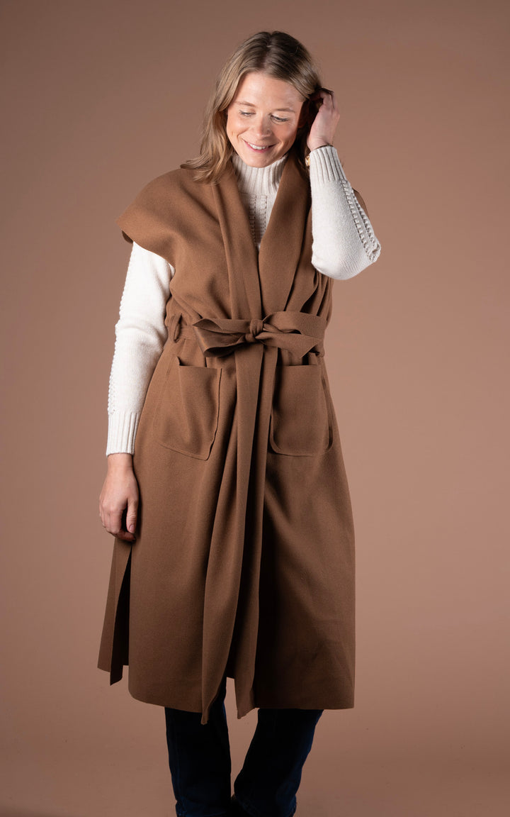 Mia Longline Belted Waistcoat | Camel