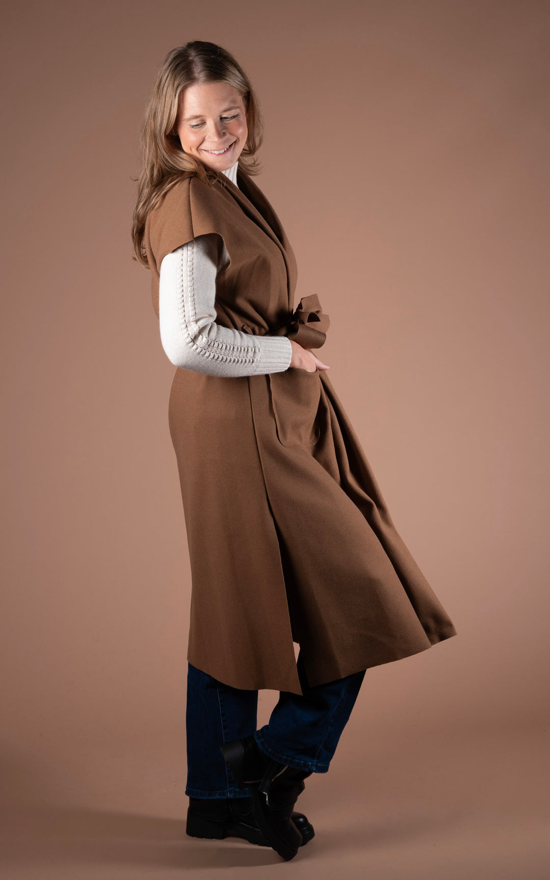 Mia Longline Belted Waistcoat | Camel