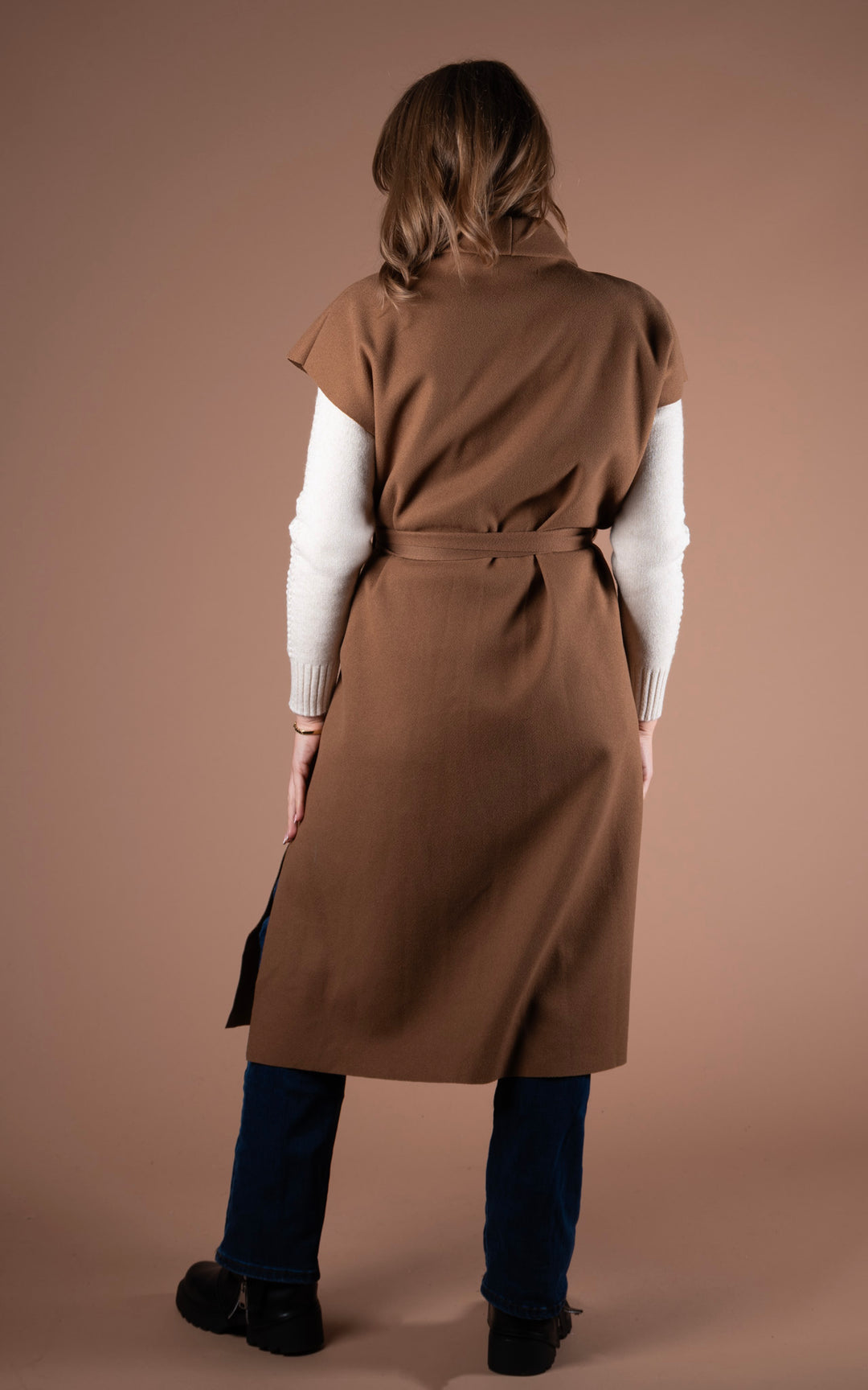 Mia Longline Belted Waistcoat | Camel