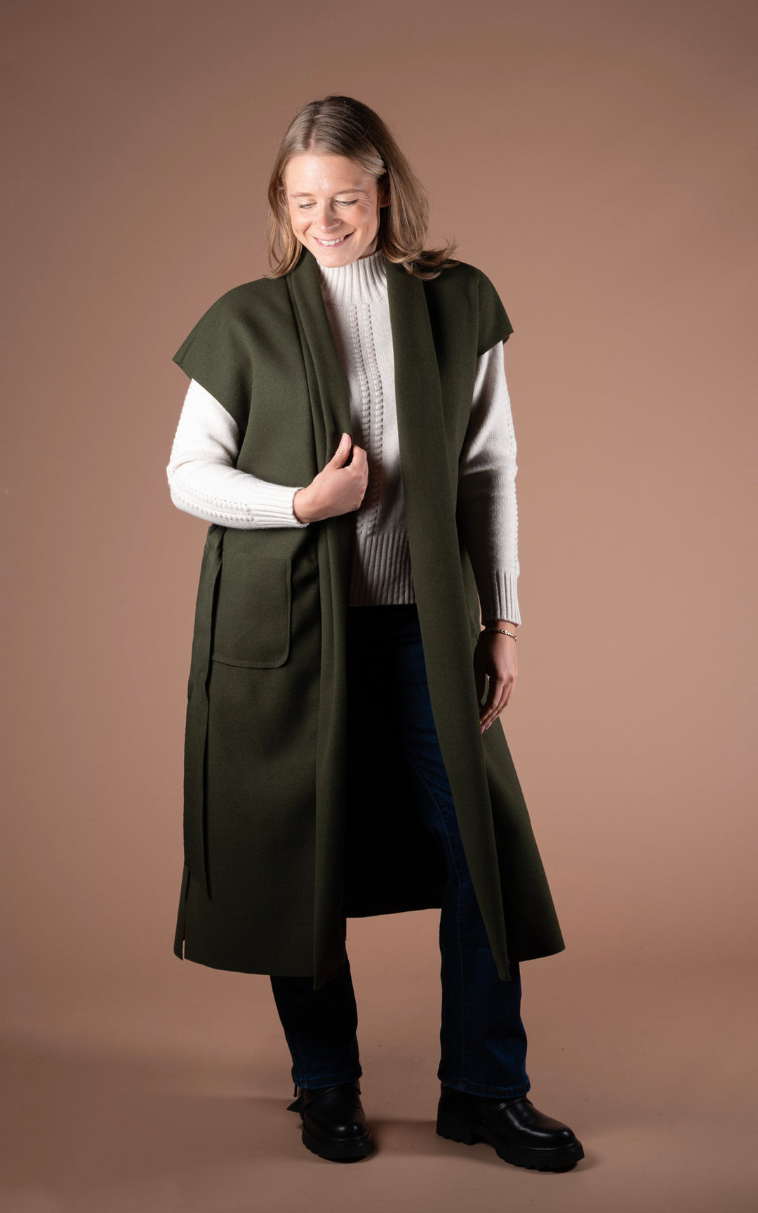 Mia Longline Belted Waistcoat | Khaki