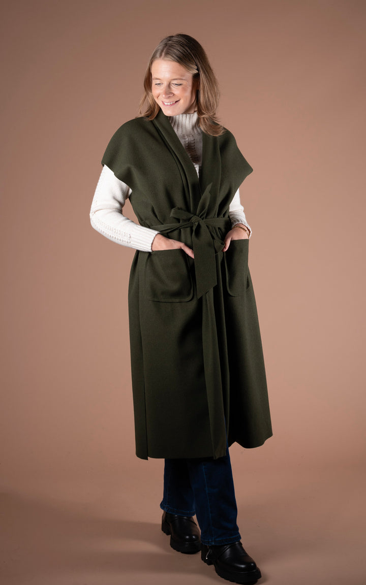 Mia Longline Belted Waistcoat | Khaki