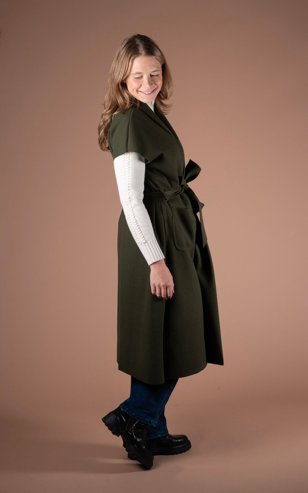 Mia Longline Belted Waistcoat | Khaki