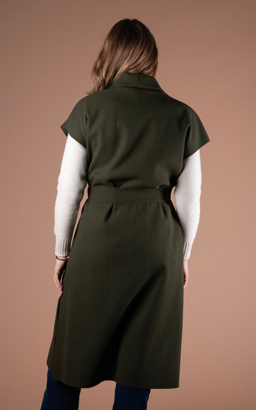 Mia Longline Belted Waistcoat | Khaki