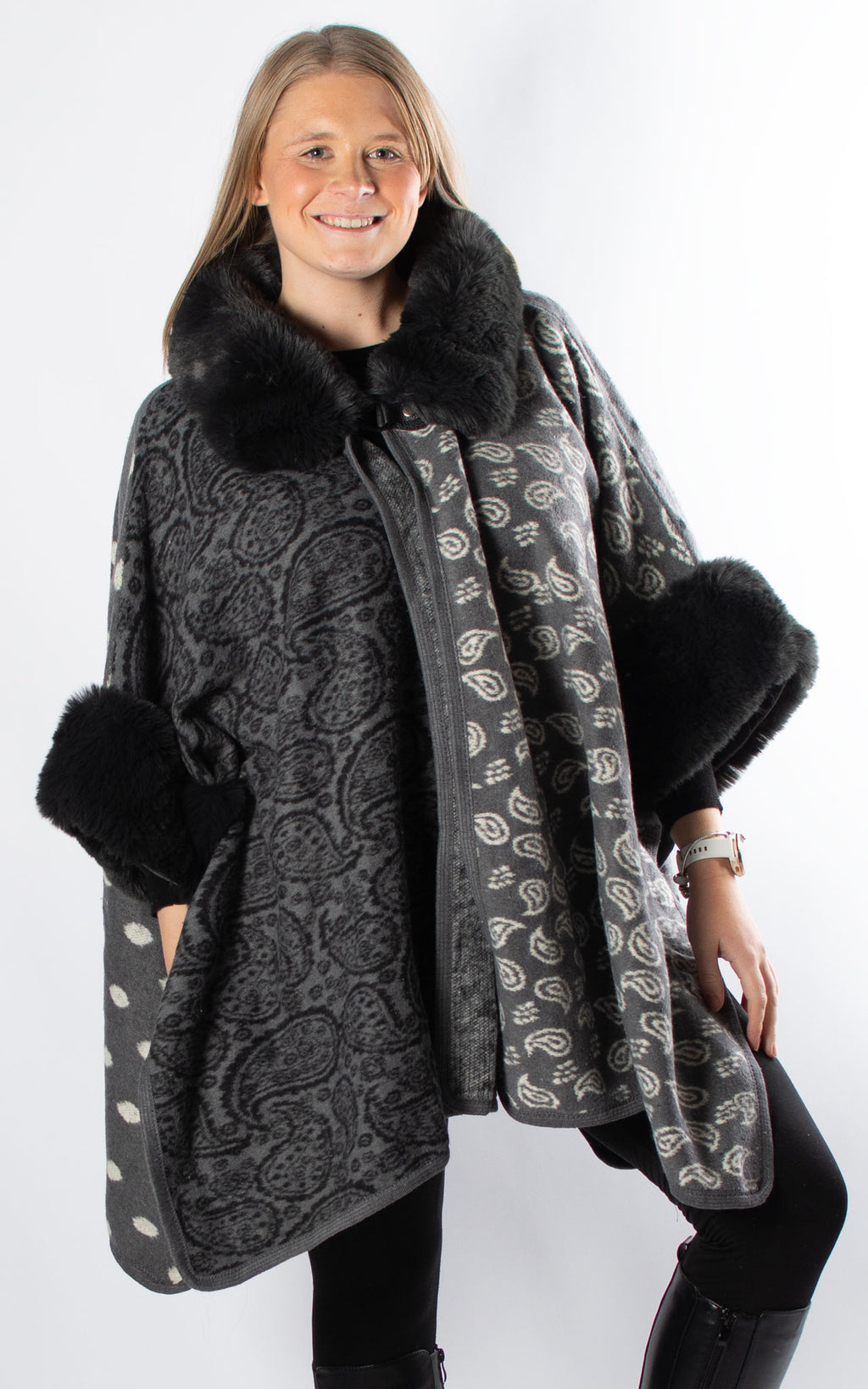 Multi Pattern Poncho | Dark Grey