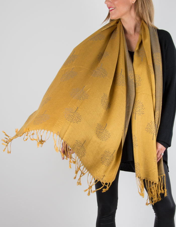 Mustard Reversible Pashmina Trees