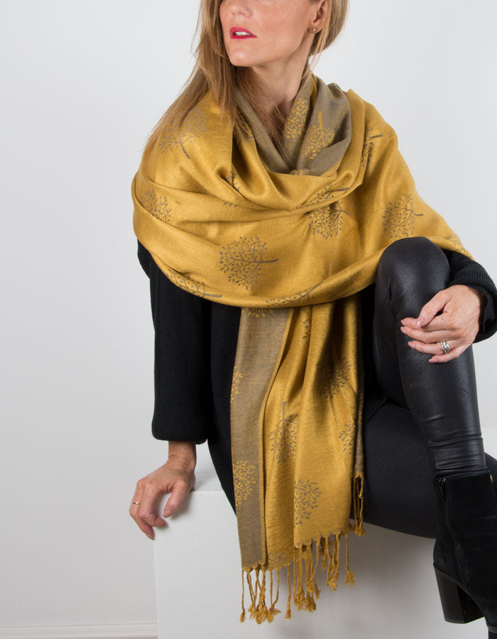 Mustard Reversible Pashmina Trees