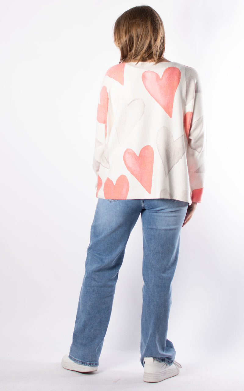 Naomi Thin Knit | Coral & Grey Hearts