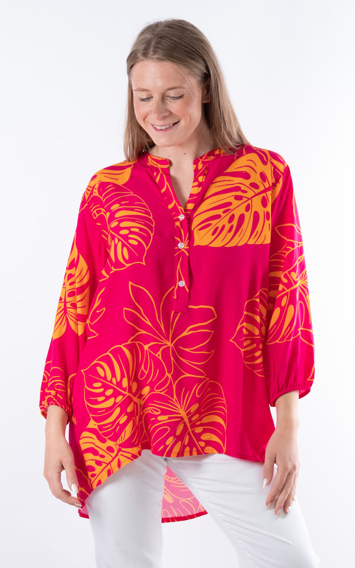 Nellie Leaf Print Top |Hot Pink&Orange