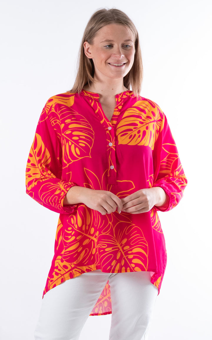 Nellie Leaf Print Top |Hot Pink&Orange