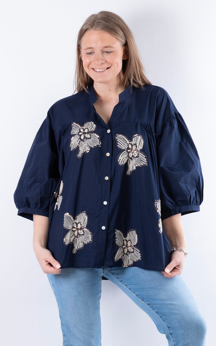 Palma Floral Sequin Shirt | Navy