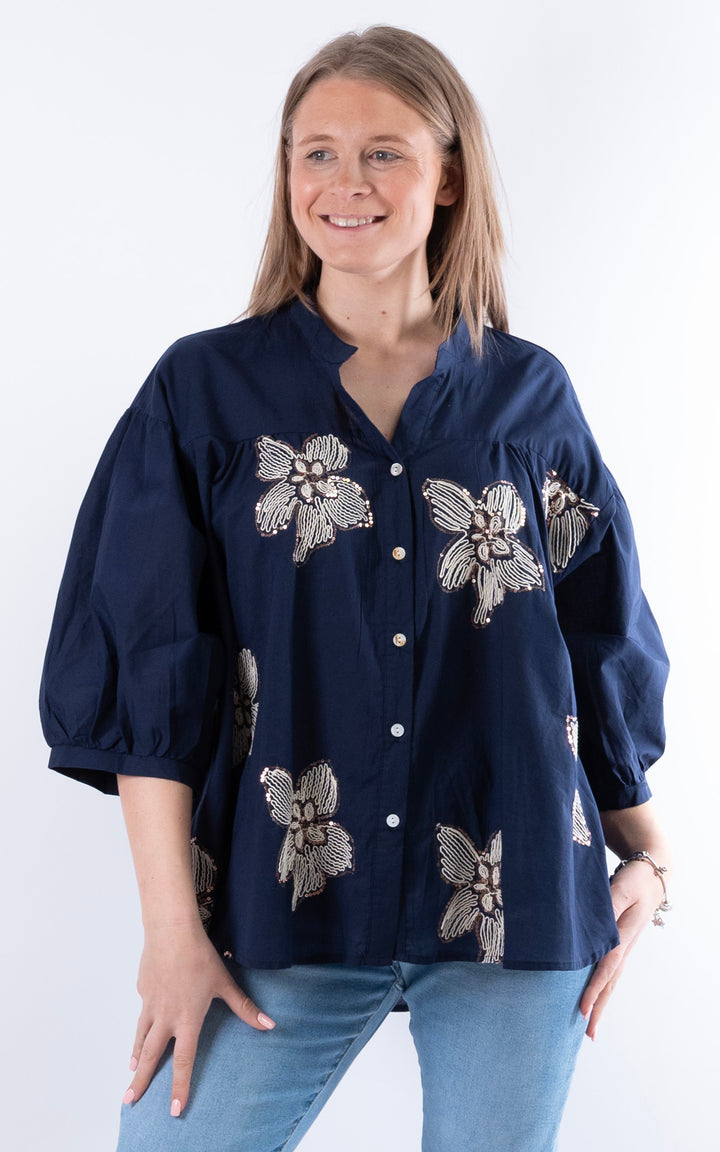 Palma Floral Sequin Shirt | Navy