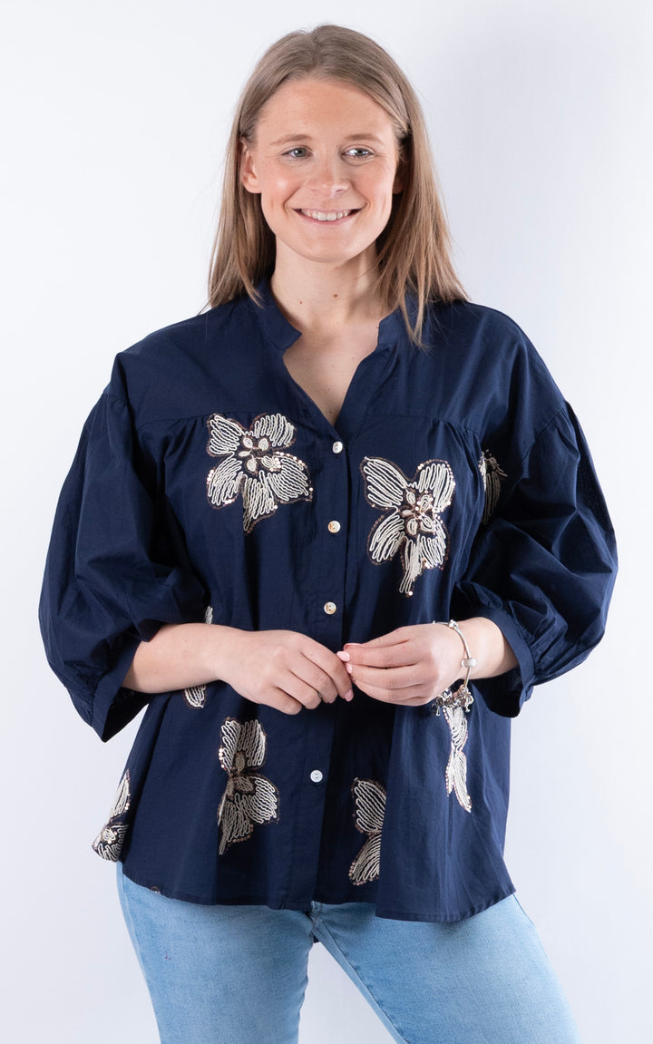 Palma Floral Sequin Shirt | Navy