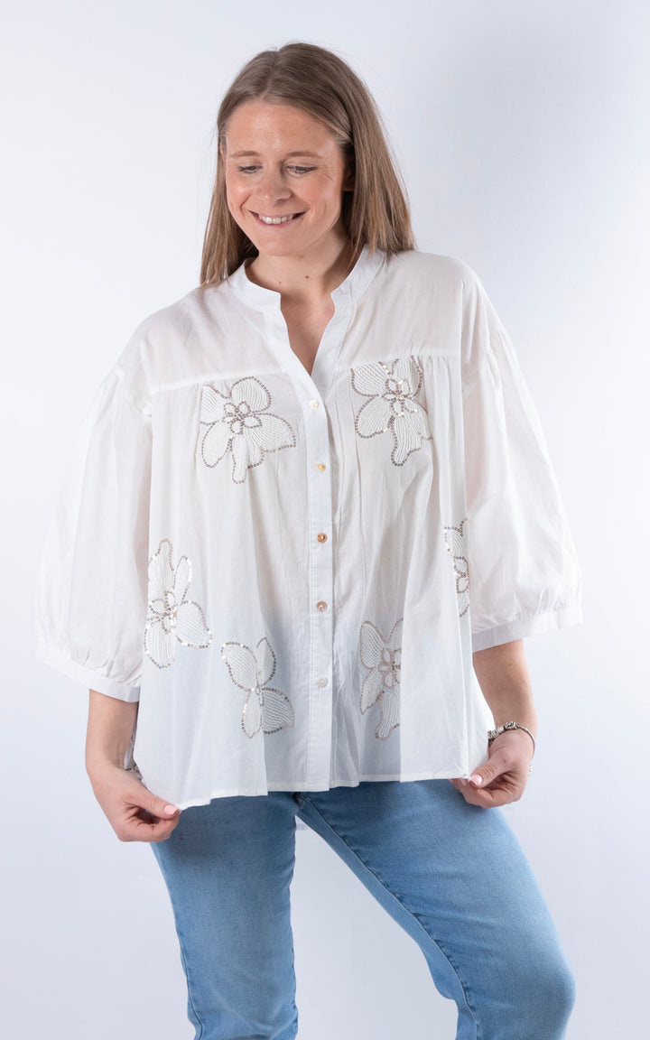 Palma Floral Sequin Shirt | White